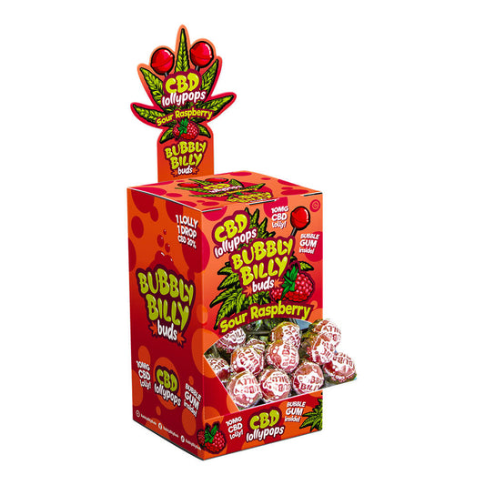 Chupa-Chupas CBD Sabor Framboesa Ácida - Bubbly Billy Buds
